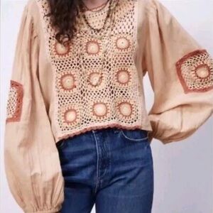 Zara Women's Beige Crochet Woven Top, Long Sleeve, Size M